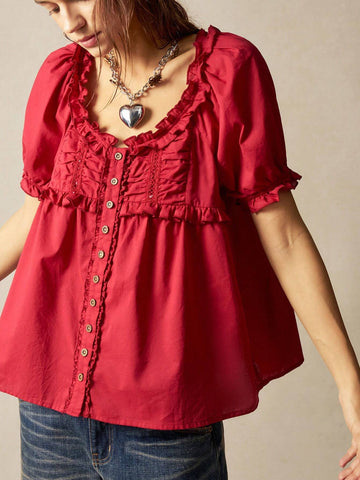 Bohemela Women's Casual Solid Color Loose Woven Short Sleeve Blouse