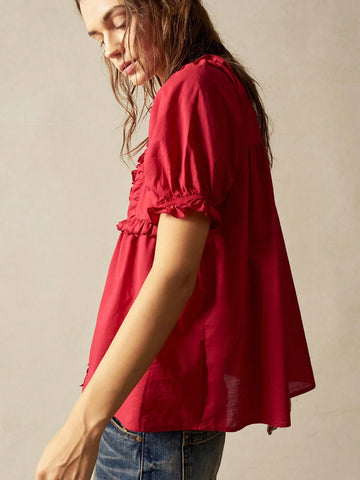 Bohemela Women's Casual Solid Color Loose Woven Short Sleeve Blouse