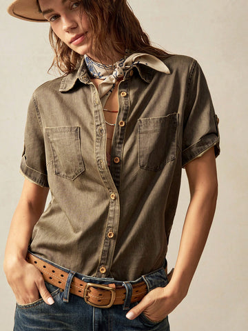 Women's Casual Solid Color Woven Loose Long Sleeve Shirt