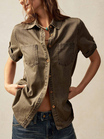 Women's Casual Solid Color Woven Loose Long Sleeve Shirt
