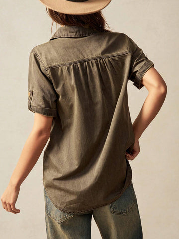 Women's Casual Solid Color Woven Loose Long Sleeve Shirt