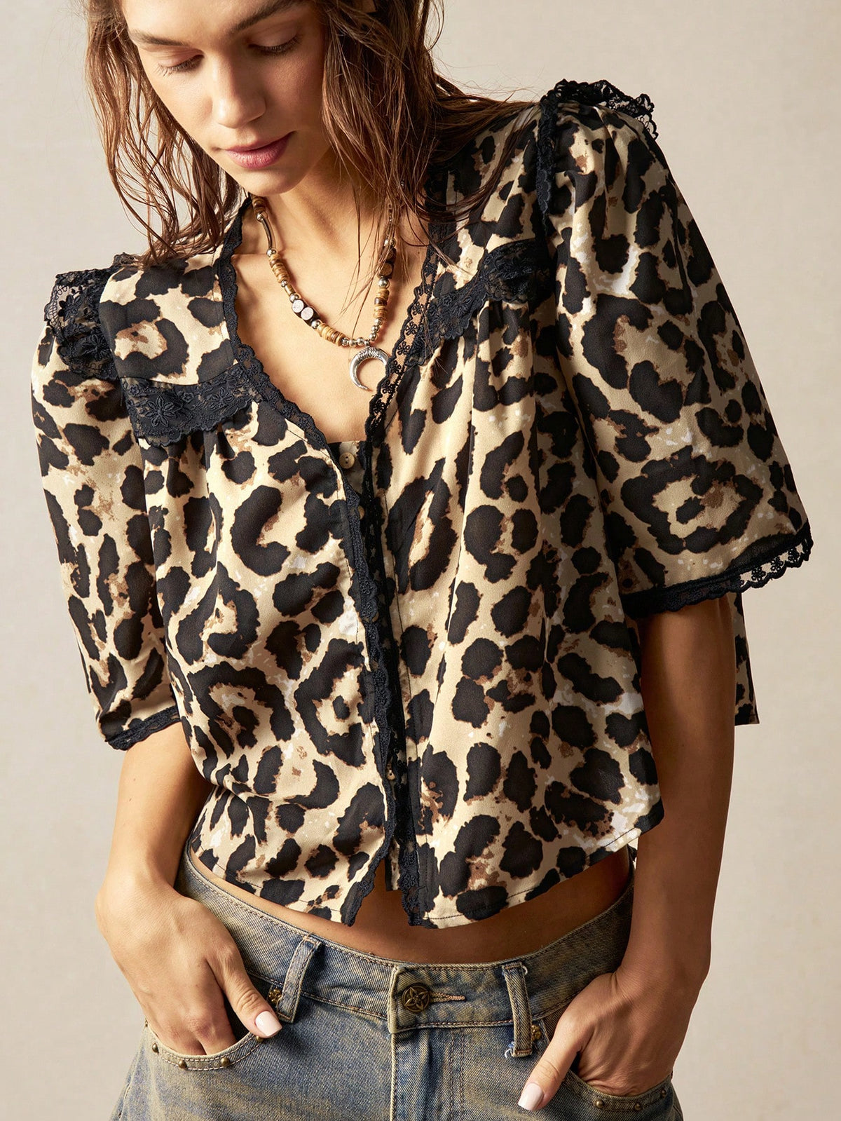 Women's Casual V-Neck Puff Sleeve Leopard Print Woven Blouse