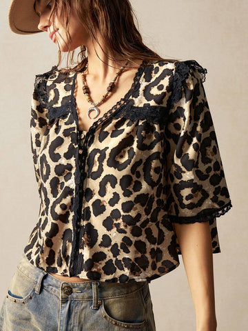 Women's Casual V-Neck Puff Sleeve Leopard Print Woven Blouse