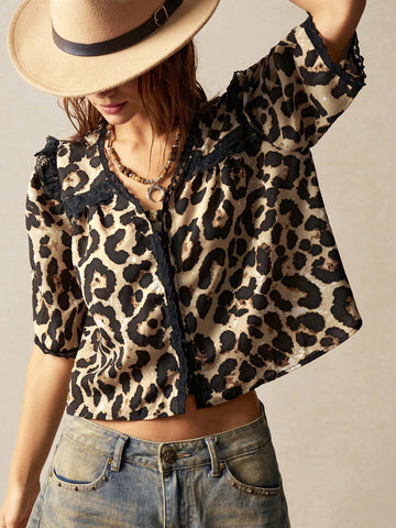 Women's Casual V-Neck Puff Sleeve Leopard Print Woven Blouse