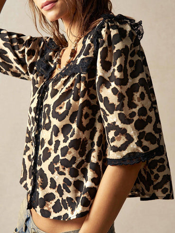 Women's Casual V-Neck Puff Sleeve Leopard Print Woven Blouse