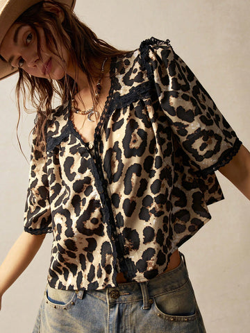 Women's Casual V-Neck Puff Sleeve Leopard Print Woven Blouse