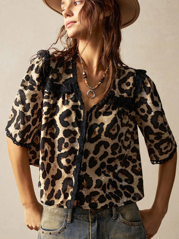 Women's Casual V-Neck Puff Sleeve Leopard Print Woven Blouse