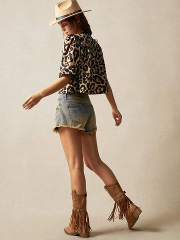 Women's Casual V-Neck Puff Sleeve Leopard Print Woven Blouse