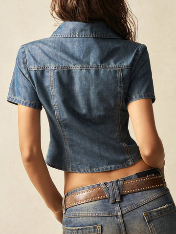 Bohemela Women's Plain Woven Denim Form-Fitting Turndown Collar Short Sleeve Casual Shirt