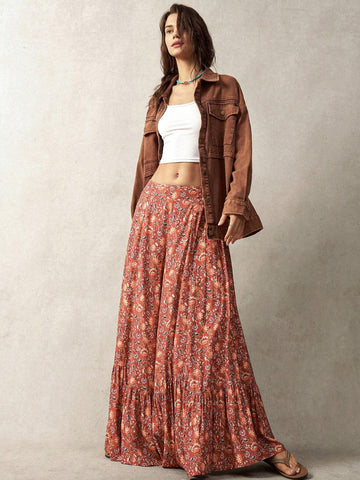 Bohemela Women's Vacation Floral Print Wide Leg Loose Pants With Ruffled Hem