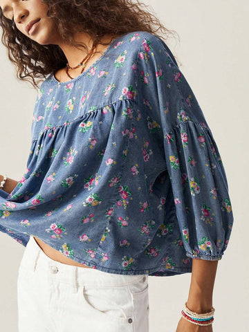 Woven Printed Round Neck 3/4 Sleeve Loose Blouse For Women