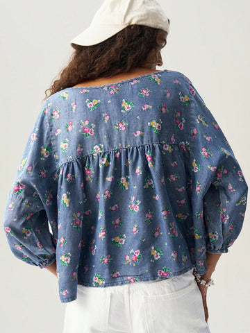 Woven Printed Round Neck 3/4 Sleeve Loose Blouse For Women