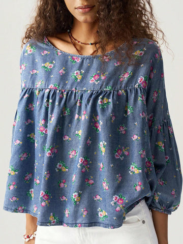 Woven Printed Round Neck 3/4 Sleeve Loose Blouse For Women