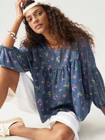 Woven Printed Round Neck 3/4 Sleeve Loose Blouse For Women