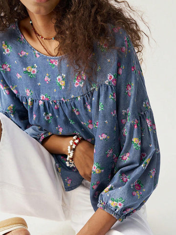 Woven Printed Round Neck 3/4 Sleeve Loose Blouse For Women