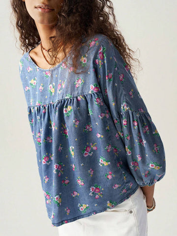 Woven Printed Round Neck 3/4 Sleeve Loose Blouse For Women