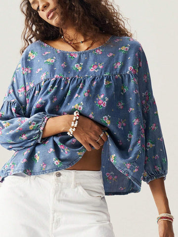 Woven Printed Round Neck 3/4 Sleeve Loose Blouse For Women