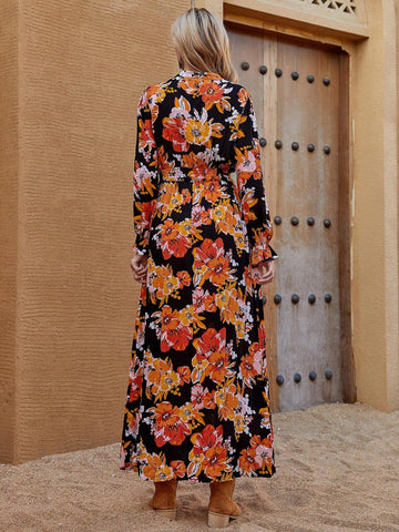 Bohemian Flower Print Long Casual Dress With Belted Waist And Necktie For Fall/Winter