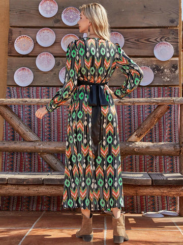 Bohemian Style Casual Dress With Full Print And Waistband For Autumn/Winter