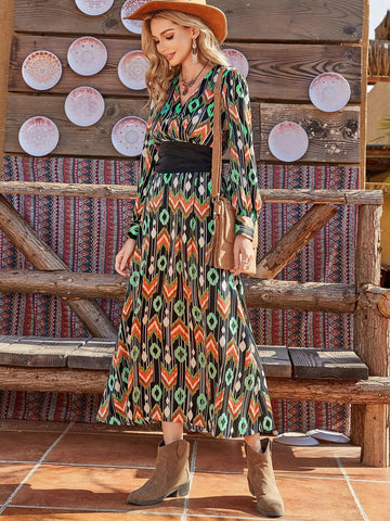 Bohemian Style Casual Dress With Full Print And Waistband For Autumn/Winter