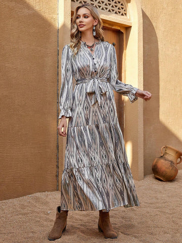 Bohemian Style Irregular Printed Women's Maxi Dress, With Deep V-Neckline And Flare Sleeve For Fall And Winter