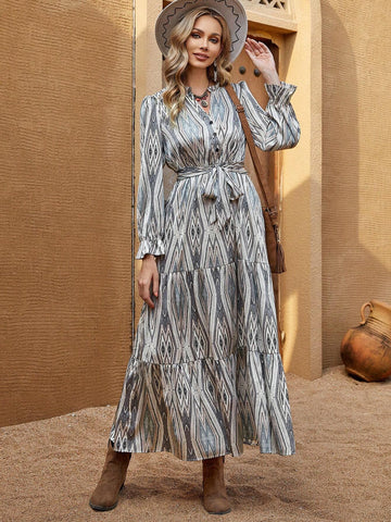 Bohemian Style Irregular Printed Women's Maxi Dress, With Deep V-Neckline And Flare Sleeve For Fall And Winter