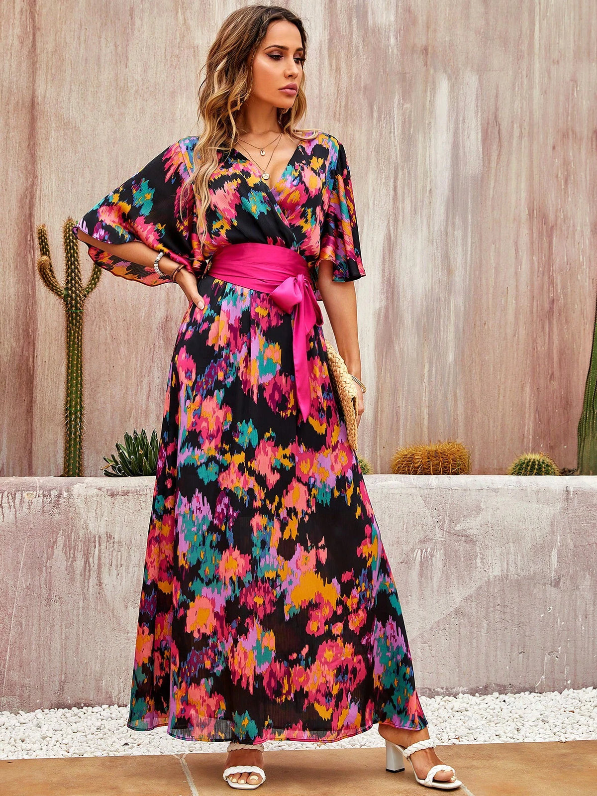 Bohemian Style Long Casual Dress For Women With Irregular Printed Pattern, Deep V-Neck, High Waist Belt And Flare Sleeve