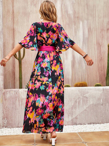 Bohemian Style Long Casual Dress For Women With Irregular Printed Pattern, Deep V-Neck, High Waist Belt And Flare Sleeve