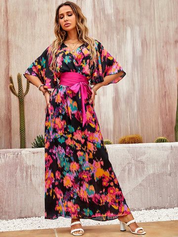 Bohemian Style Long Casual Dress For Women With Irregular Printed Pattern, Deep V-Neck, High Waist Belt And Flare Sleeve