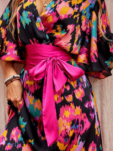 Bohemian Style Long Casual Dress For Women With Irregular Printed Pattern, Deep V-Neck, High Waist Belt And Flare Sleeve