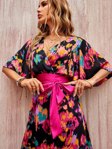 Bohemian Style Long Casual Dress For Women With Irregular Printed Pattern, Deep V-Neck, High Waist Belt And Flare Sleeve