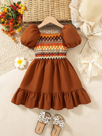 Bohemian Style Puff Sleeve Patchwork Dress For Girls