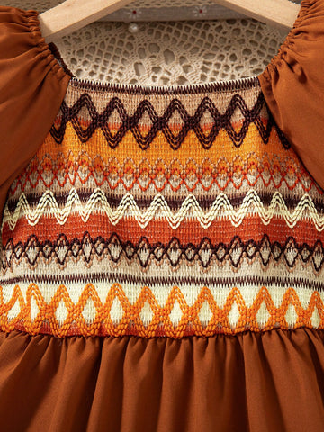 Bohemian Style Puff Sleeve Patchwork Dress For Girls