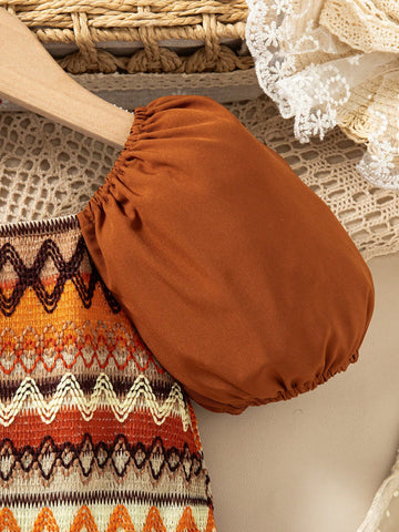 Bohemian Style Puff Sleeve Patchwork Dress For Girls