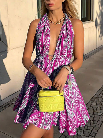 Bohemian Style Summer Halter Neck Sleeveless Ruffle Hem Backless Dress