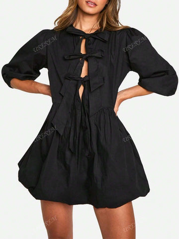 Bow-Tie Sash Flared Hem Girls Dress
