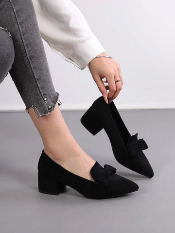 Bow Decor Point Toe Chunky Heeled Faux Suede Loafers
