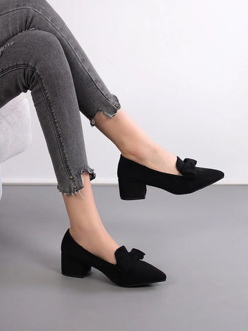 Bow Decor Point Toe Chunky Heeled Faux Suede Loafers
