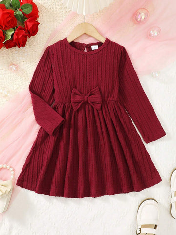 Bow Tie Waist Minimalist Solid Color Long Sleeve Dress