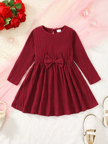 Bow Tie Waist Minimalist Solid Color Long Sleeve Dress