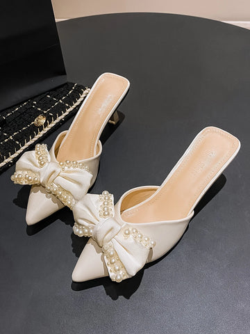 Bow & Faux Pearl Decor Mule Pumps