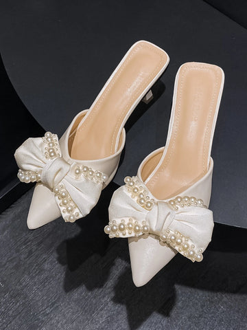 Bow & Faux Pearl Decor Mule Pumps