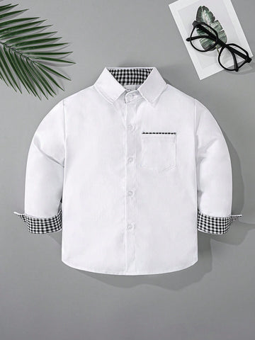 Boys Classic Prep School Style Party & Ring Bearer Plaid Pocket Patch Formal White Long Sleeve Dress Shirt