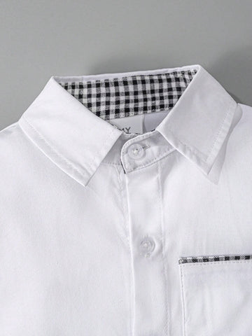 Boys Classic Prep School Style Party & Ring Bearer Plaid Pocket Patch Formal White Long Sleeve Dress Shirt