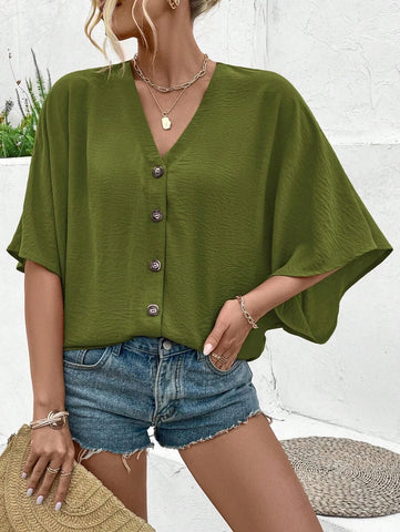 Women's Boho Romantic Dark Green Concert Outfit Beach Vacation Leisure Casual Travel Loose V-Neck Batwing Sleeve Button