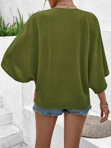 Women's Boho Romantic Dark Green Concert Outfit Beach Vacation Leisure Casual Travel Loose V-Neck Batwing Sleeve Button