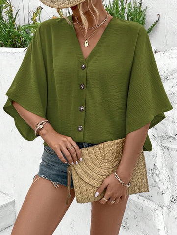 Women's Boho Romantic Dark Green Concert Outfit Beach Vacation Leisure Casual Travel Loose V-Neck Batwing Sleeve Button