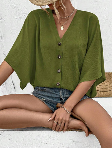 Women's Boho Romantic Dark Green Concert Outfit Beach Vacation Leisure Casual Travel Loose V-Neck Batwing Sleeve Button