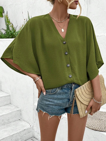 Women's Boho Romantic Dark Green Concert Outfit Beach Vacation Leisure Casual Travel Loose V-Neck Batwing Sleeve Button