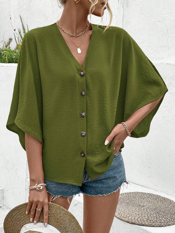 Women's Boho Romantic Dark Green Concert Outfit Beach Vacation Leisure Casual Travel Loose V-Neck Batwing Sleeve Button